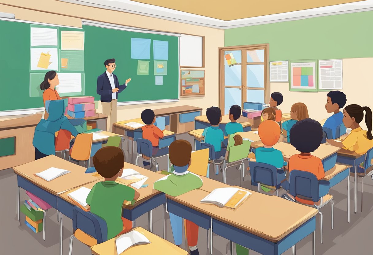 Primary-Level Debates: The Ultimate Teaching Resources Pack debates LearningMole A classroom setting with a teacher and students engaged in lively debates, surrounded by teaching materials and resources specific to primary-level debates