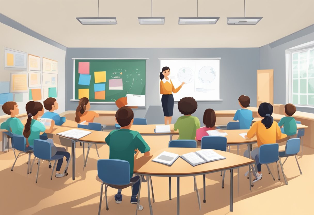 Primary-Level Debates: The Ultimate Teaching Resources Pack debates LearningMole A classroom with desks arranged in a circle, a teacher at the front with a whiteboard and teaching resources on a table
