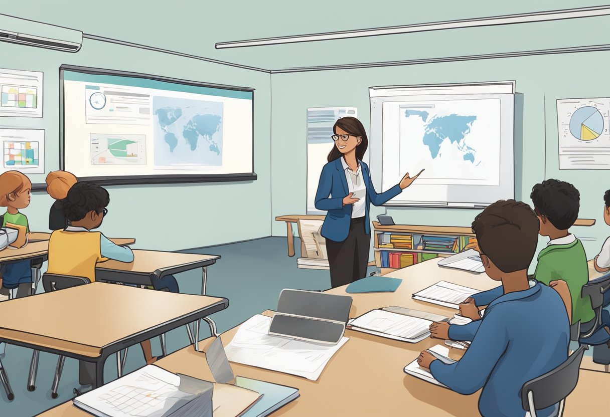 Primary-Level Debates: The Ultimate Teaching Resources Pack debates LearningMole A classroom setting with a teacher using technology to facilitate a debate for primary-level students. The teacher is seen utilizing interactive tools and resources to engage the students in the debate process