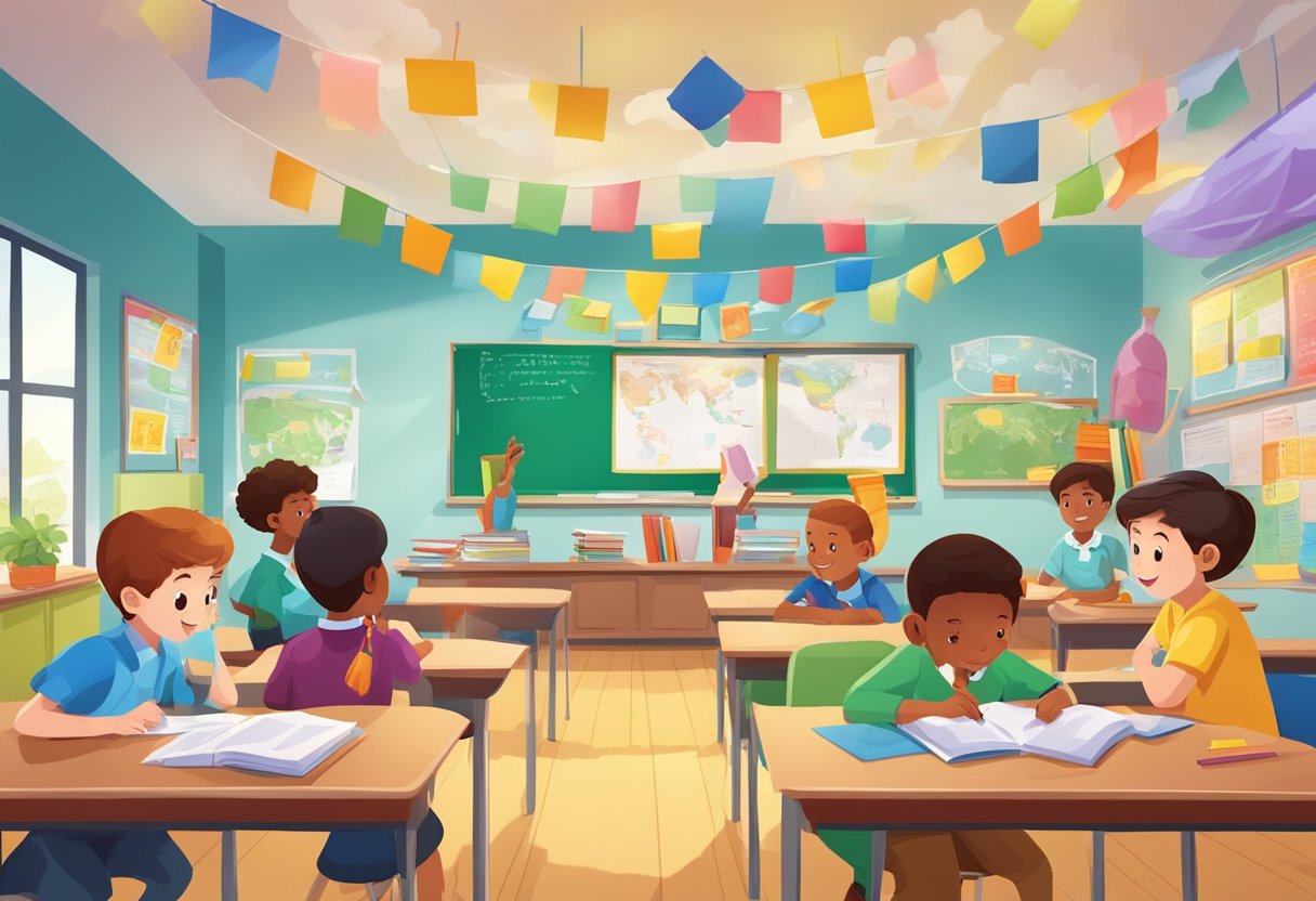 Primary-Level Debates: The Ultimate Teaching Resources Pack debates LearningMole A colorful classroom with students engaged in lively debates, surrounded by educational posters and resources for primary-level learning