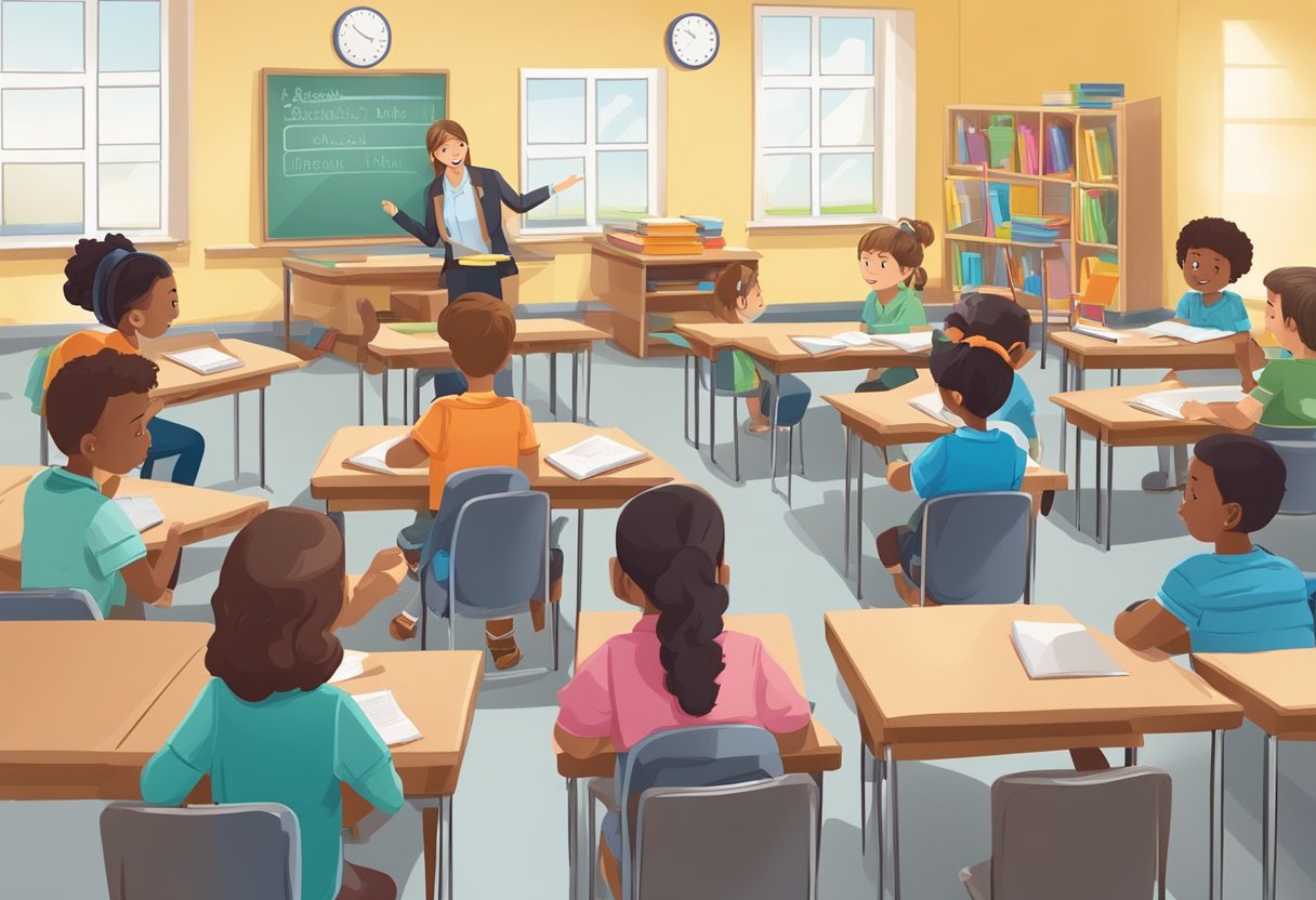 Primary-Level Debates: The Ultimate Teaching Resources Pack debates LearningMole A classroom setting with students engaged in lively discussions, surrounded by teaching materials and resources for primary-level debates