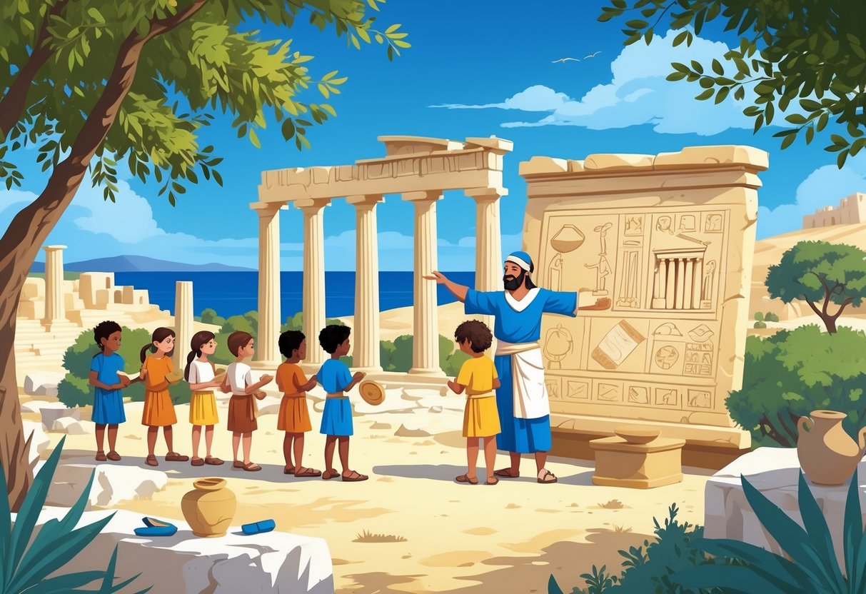 Ancient Greece KS2 Resources: Complete Guide for Lessons & Learning LearningMole Children and a teacher in ancient Greek clothes exploring historical artefacts and a model temple in a sunny outdoor setting with trees and hills.
