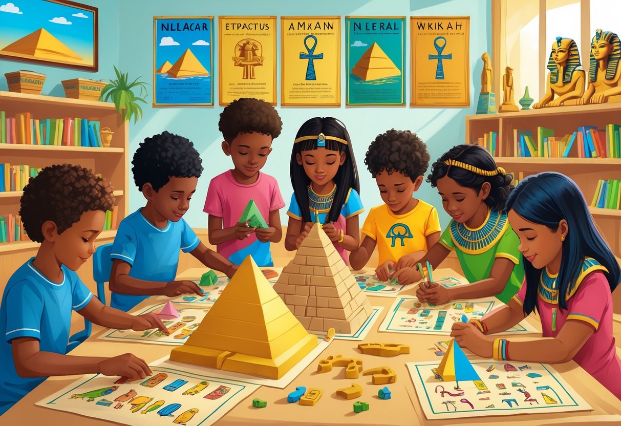 Ancient Egypt KS2 Resources: Engaging Teaching Ideas and Activities LearningMole Children in a classroom engaged in hands-on activities about Ancient Egypt, including building pyramids, drawing hieroglyphics, and exploring Egyptian artefacts, guided by a teacher.