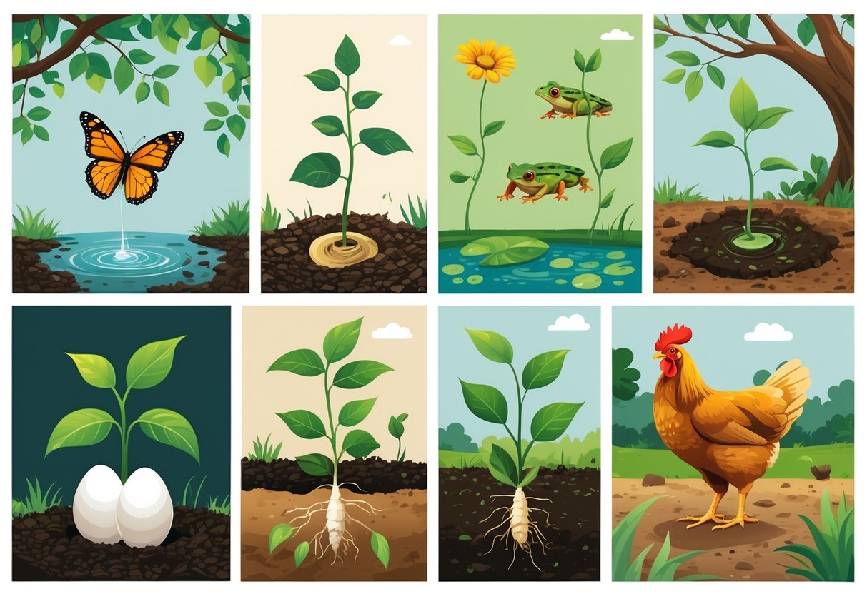 Life Cycle Activities KS2: Engaging Science Ideas and Examples Life Cycle LearningMole Four panels showing the life cycles of a butterfly, a frog, a plant, and a chicken, each illustrating stages from beginning to adult in natural settings.