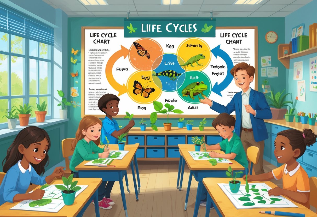 Life Cycle Activities KS2: Engaging Science Ideas and Examples Life Cycle LearningMole A classroom scene showing children engaged in activities about butterfly, frog, and plant life cycles, with a teacher guiding them and a large colourful chart displaying different life cycle stages.