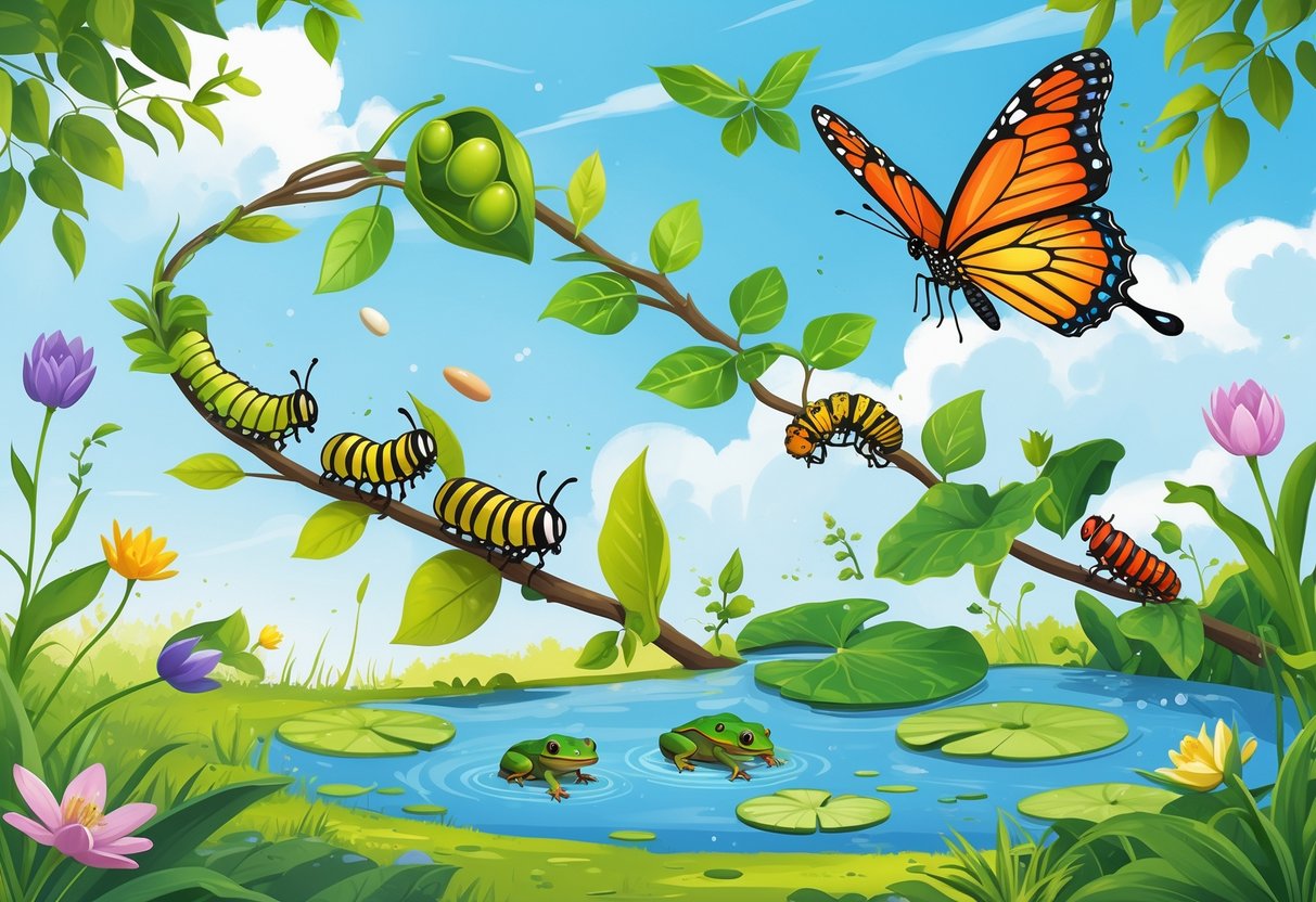 Life Cycle Activities KS2: Engaging Science Ideas and Examples Life Cycle LearningMole Illustration showing the life cycles of a butterfly and a frog in a natural outdoor setting with stages from egg to adult.