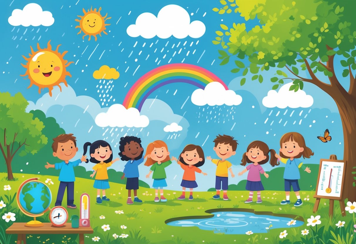 Weather and Climate Primary School Resources: Complete Guide Weather LearningMole Children outdoors observing weather elements like sun, rain, clouds, and a rainbow with weather instruments and a globe nearby.