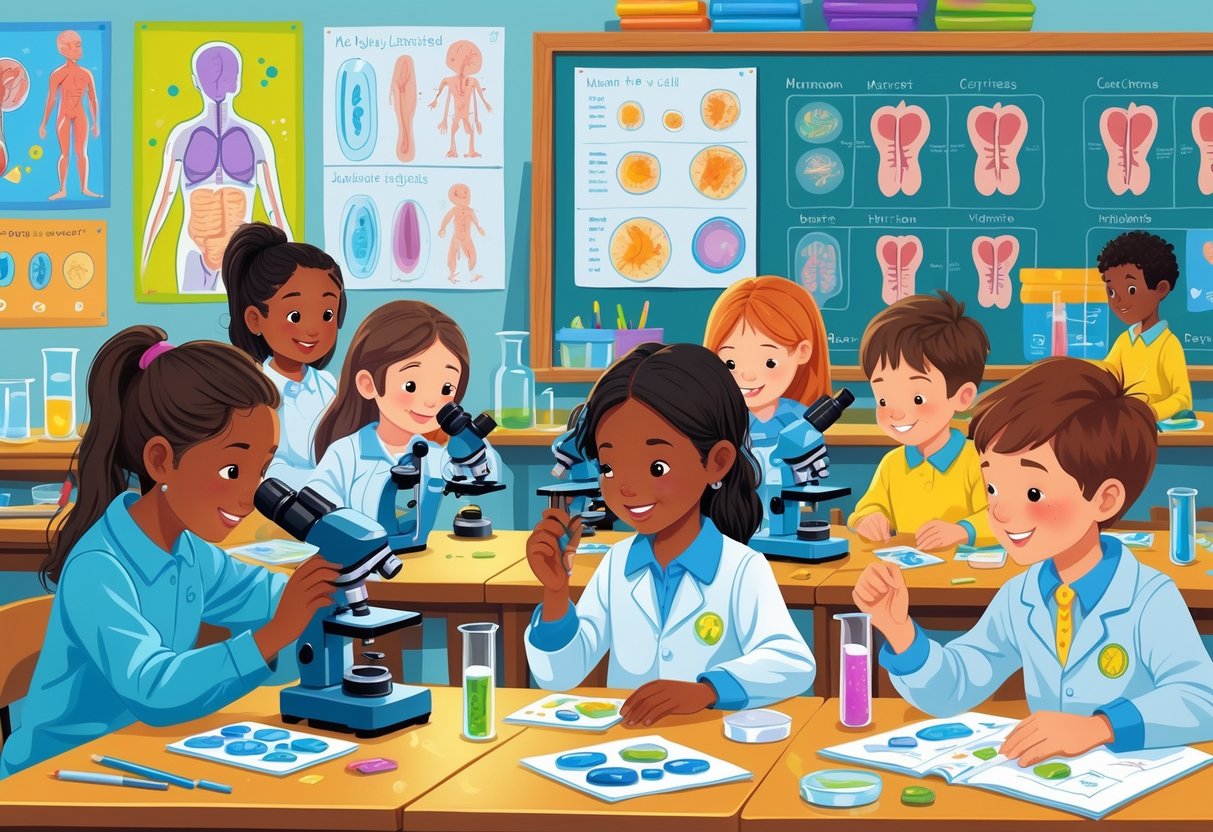 Human Body Activities for Primary School: Fun Learning Ideas LearningMole Young children in a classroom conducting science experiments about the human body, looking through microscopes and using models of cells and organs.