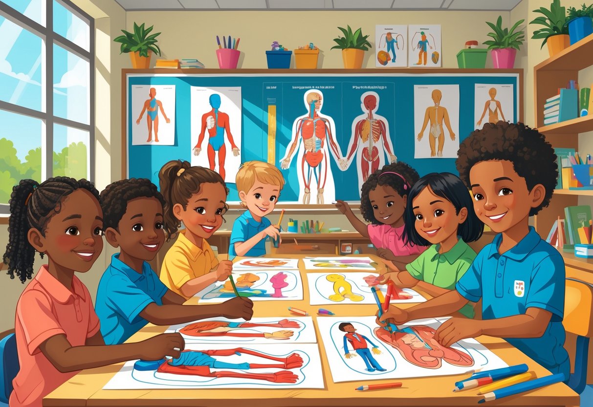 Human Body Activities for Primary School: Fun Learning Ideas LearningMole Primary school children working together on creative human body projects in a bright classroom, using models and crafts to learn about the body.