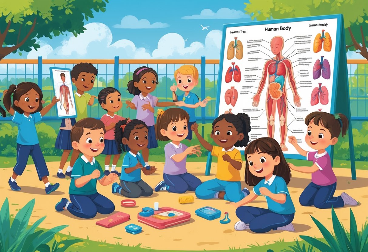 Human Body Activities for Primary School: Fun Learning Ideas LearningMole A group of primary school children engaged in activities exploring the human body outdoors, including anatomy models, measuring heart rates, and stretching exercises.