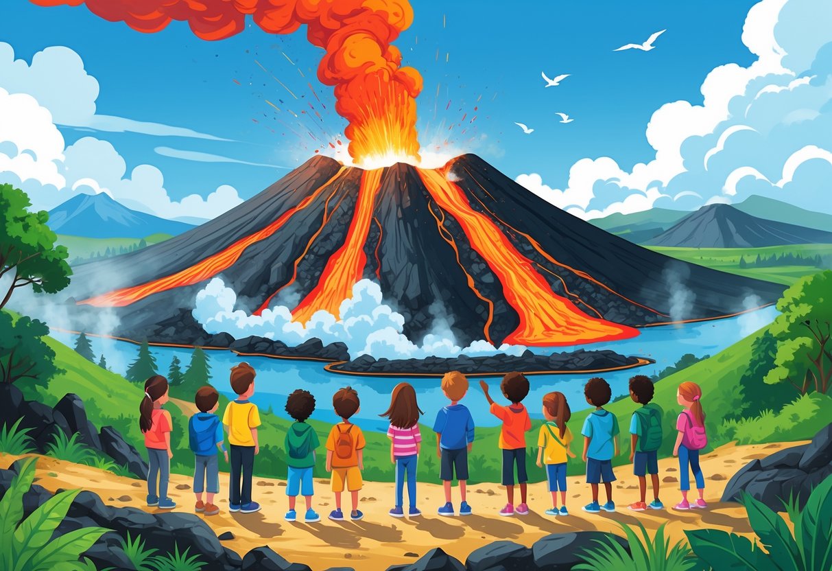 Volcano Activities for Primary School: Exciting Hands-On Learning Volcano LearningMole Children and a teacher observing an erupting volcano with lava flowing down and smoke rising into the sky, surrounded by trees and rocky terrain.
