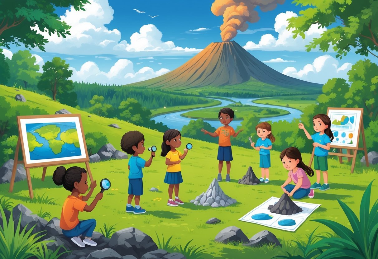 Volcano Activities for Primary School: Exciting Hands-On Learning Volcano LearningMole Children learning about volcanoes outdoors near a smoking volcano, with a teacher guiding them and natural surroundings including trees and a river.