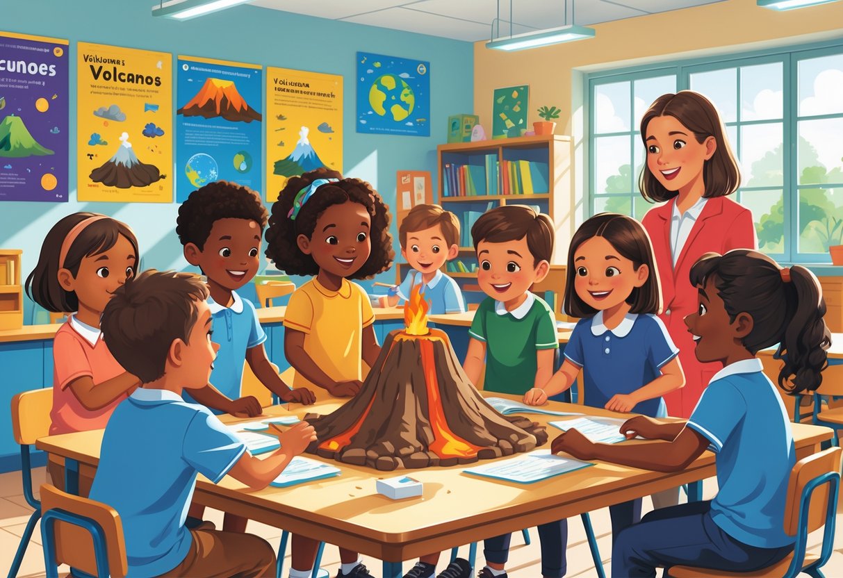 Volcano Activities for Primary School: Exciting Hands-On Learning Volcano LearningMole Children and a teacher in a classroom conducting a hands-on volcano experiment with a model volcano on the table.