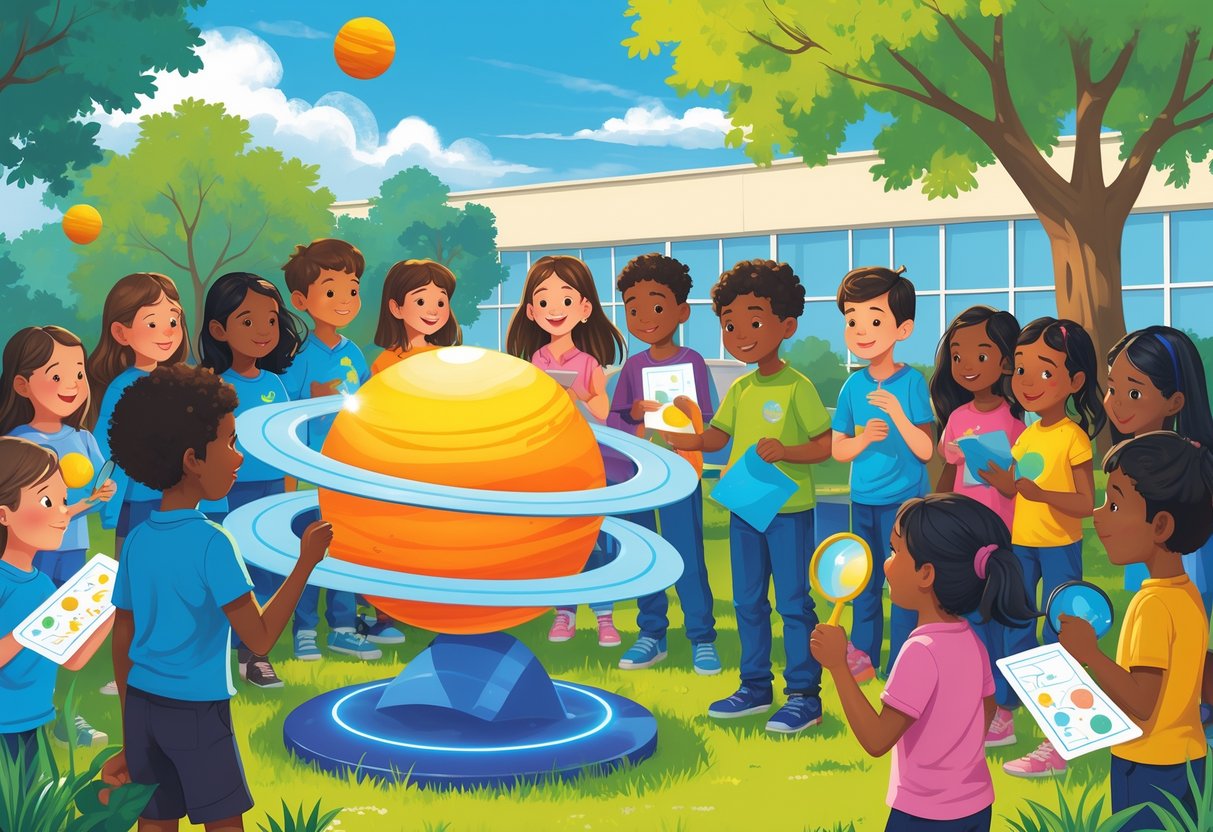 Solar System Activities KS2: Engaging Ideas and Learning Guides LearningMole Children and a teacher exploring a large model of the solar system outdoors, with planets orbiting a sun, surrounded by trees and a school building.