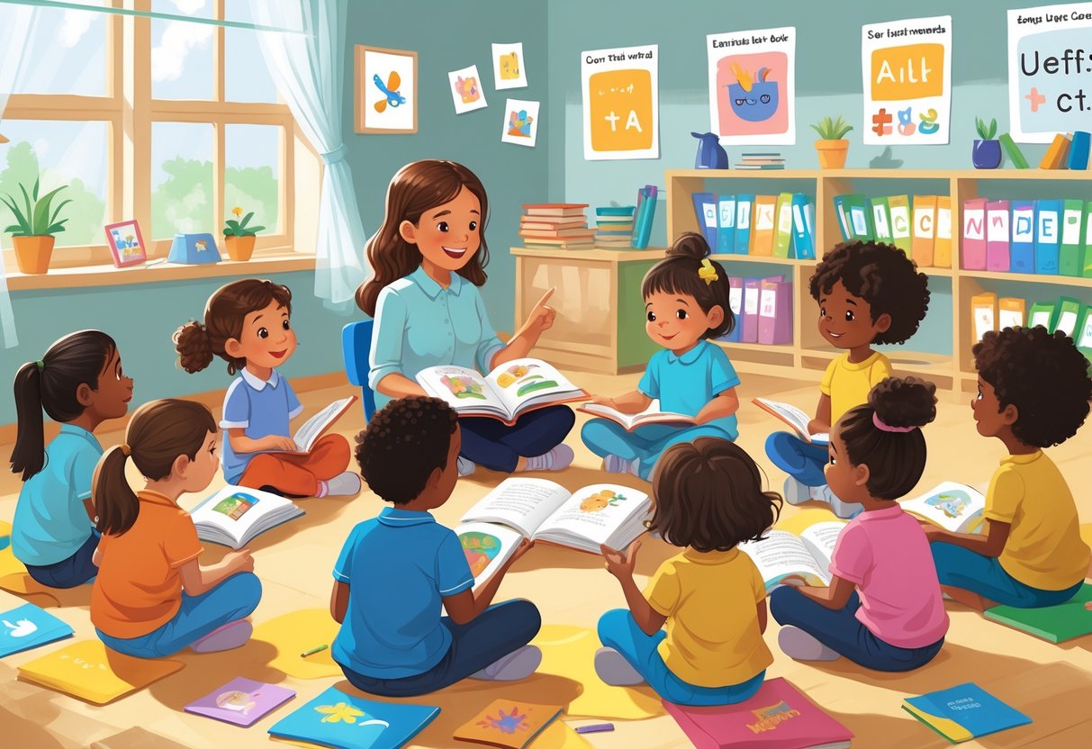 KS1 Reading Resources and Activities: Fun Ways to Boost Comprehension Reading Resources,KS1 LearningMole A teacher and young children sitting around a table with books in a bright classroom, engaged in a reading activity.