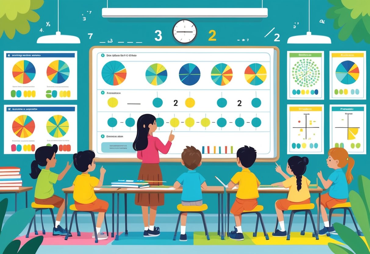 Fractions Teaching Resources KS2: The Ultimate Guide for Teachers LearningMole A classroom scene with children learning fractions using fraction tiles and charts, guided by a teacher showing a progression of fraction concepts.