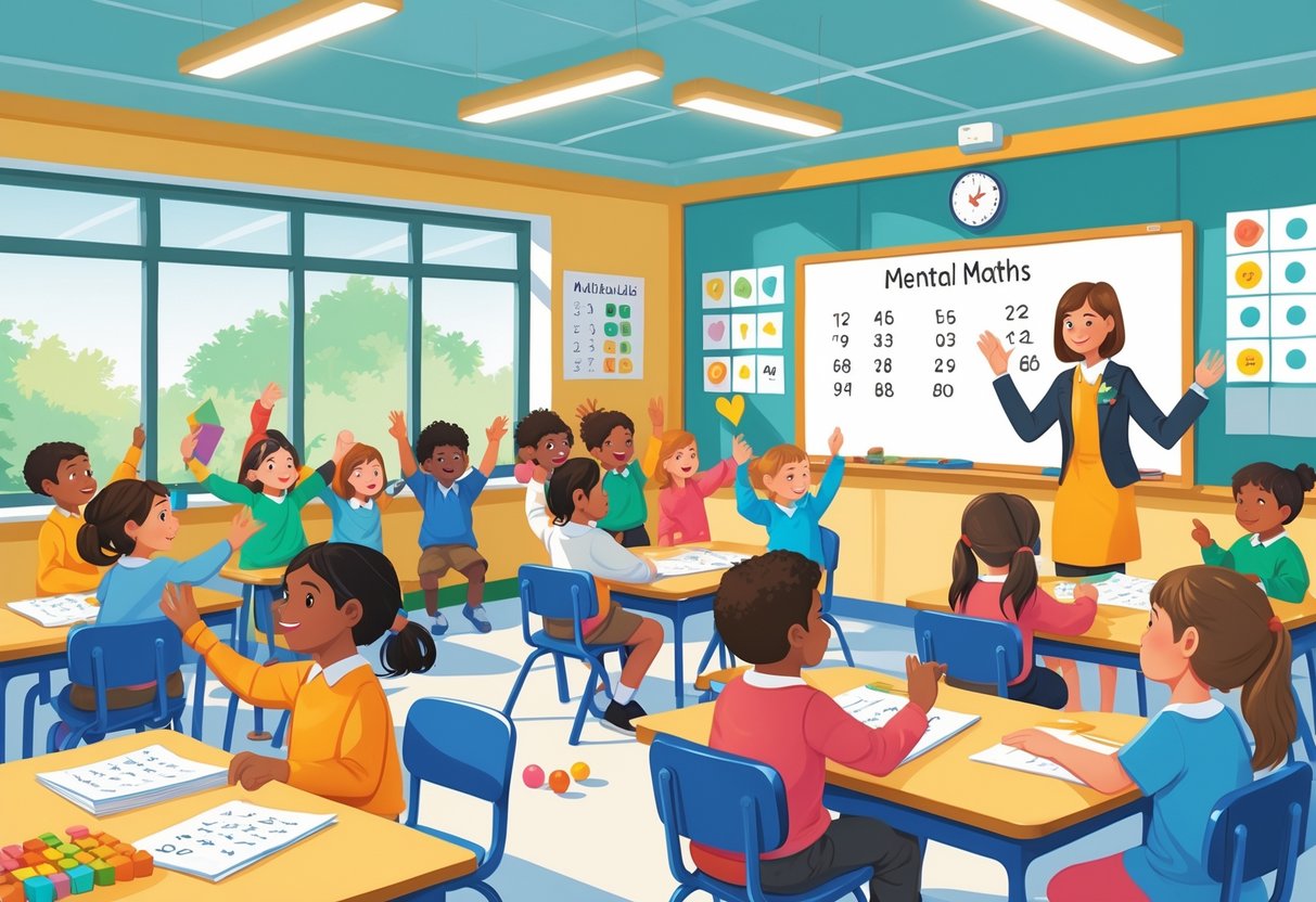Mental Maths Activities Primary School: Engaging Skills and Games Mental Maths LearningMole A primary school classroom where children are engaged in mental maths activities with their teacher, using maths tools and raising hands to participate.