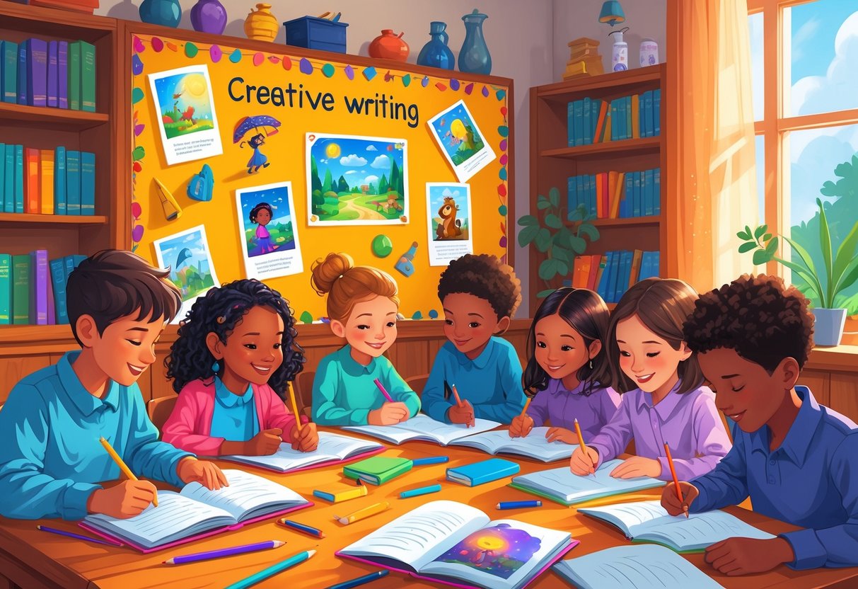 Creative Writing Resources KS2: The Ultimate Guide for Teachers and Pupils LearningMole Children sitting around a desk in a classroom, writing and sharing ideas with storybooks and colourful notebooks nearby.