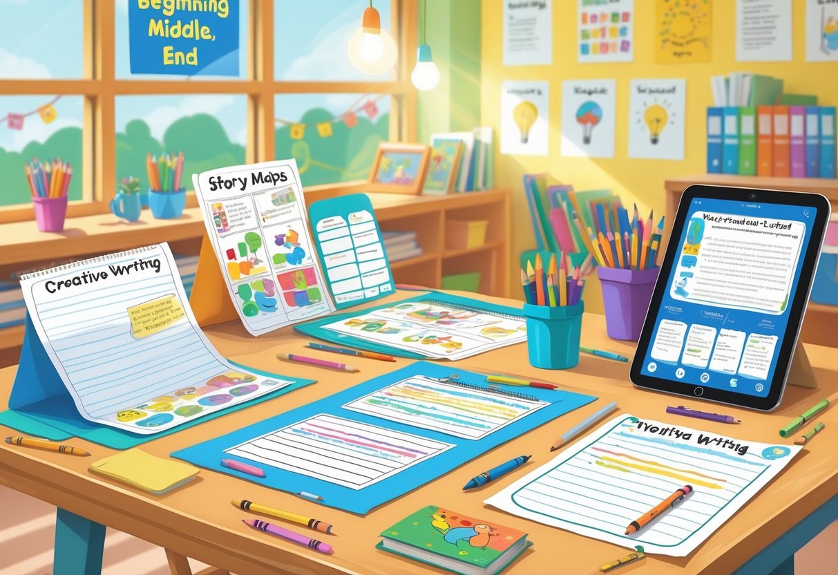 Creative Writing Resources KS2: The Ultimate Guide for Teachers and Pupils LearningMole A colourful workspace with worksheets, writing tools, and a tablet, set in a classroom with posters and bookshelves.