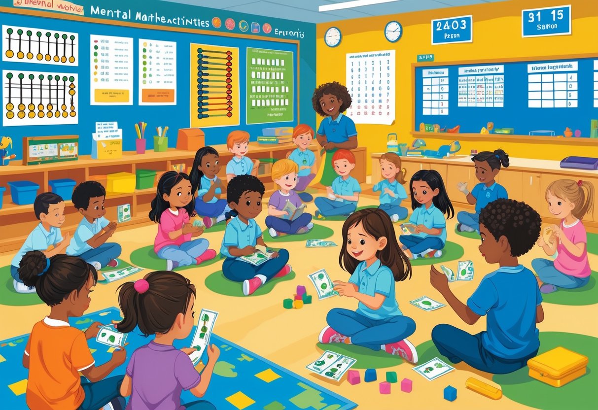 Mental Maths Activities Primary School: Engaging Skills and Games Mental Maths LearningMole Primary school children engaging in practical activities like using counting blocks, playing with play money, and working together in a classroom to improve mental maths skills.