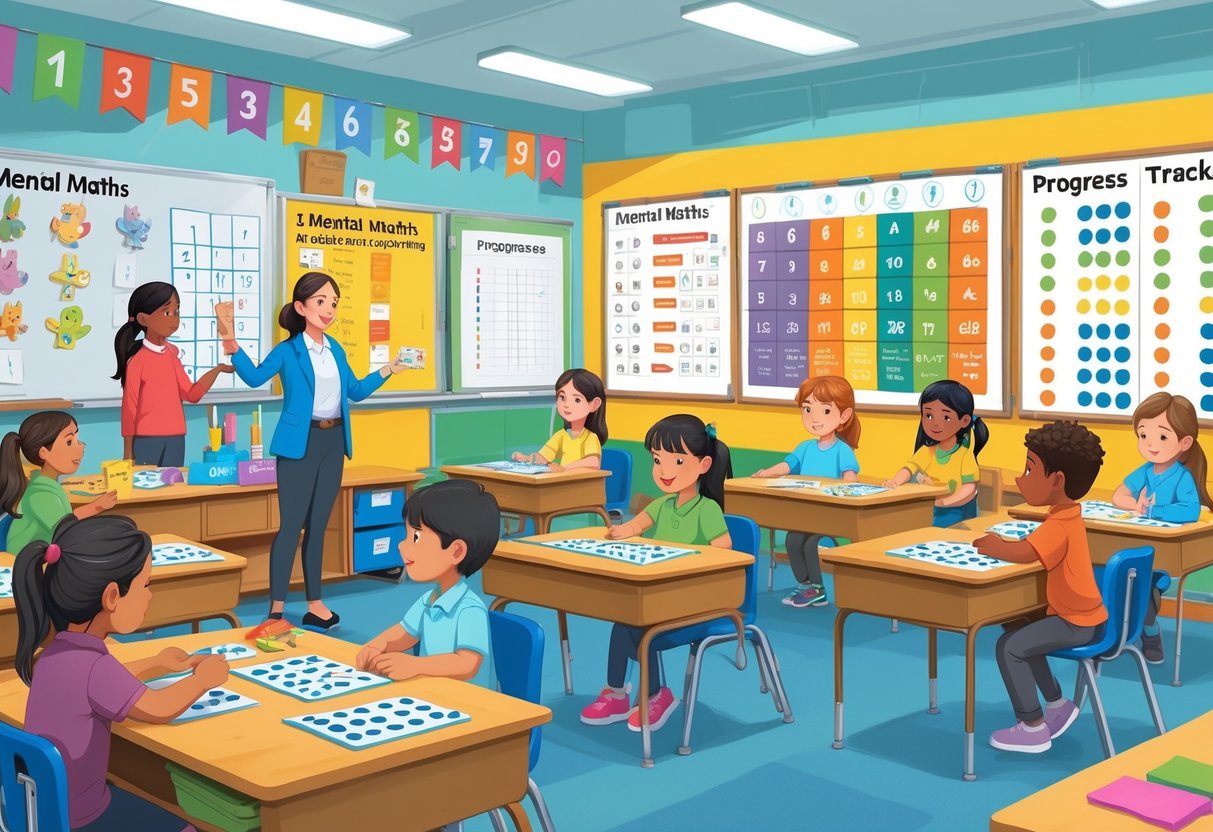 Mental Maths Activities Primary School: Engaging Skills and Games Mental Maths LearningMole Primary school children doing mental maths activities in a classroom with a teacher and a progress chart on the wall.
