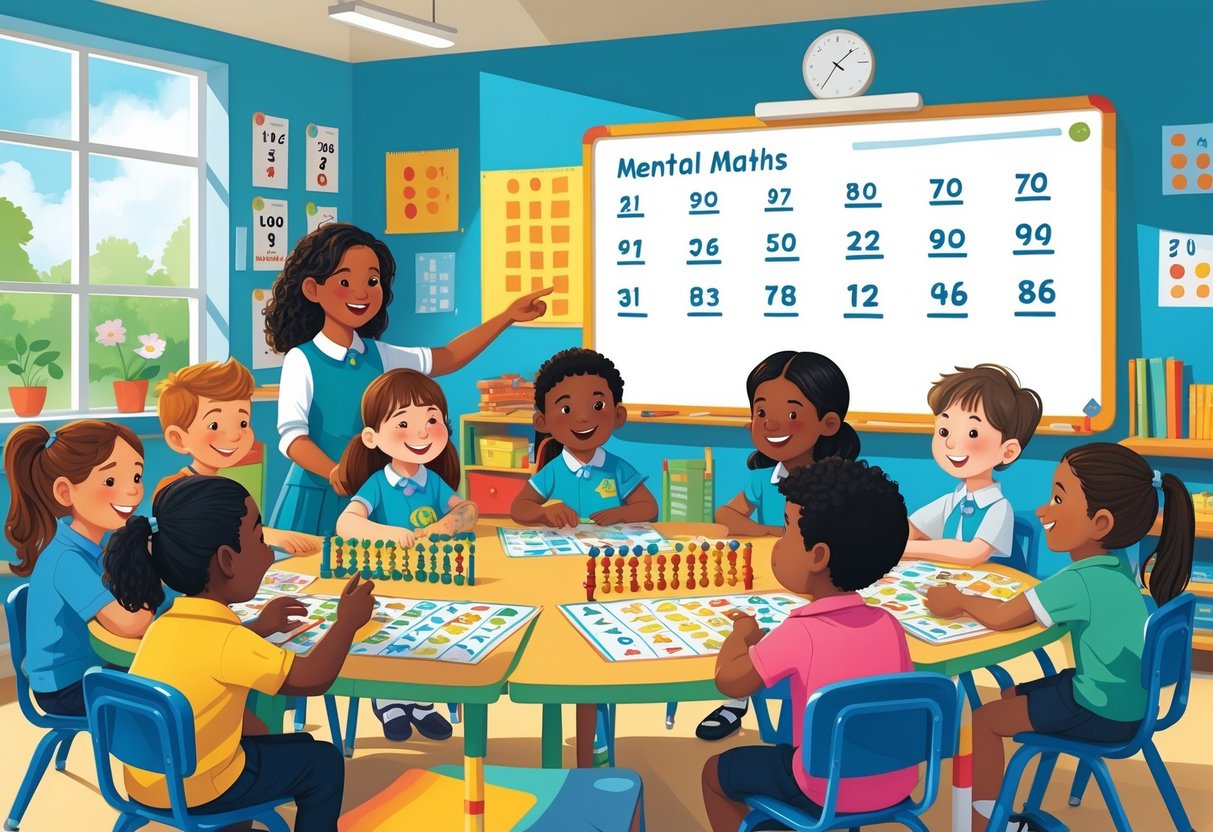 Mental Maths Activities Primary School: Engaging Skills and Games Mental Maths LearningMole Primary school children working together on mental maths activities in a classroom with a teacher guiding them.