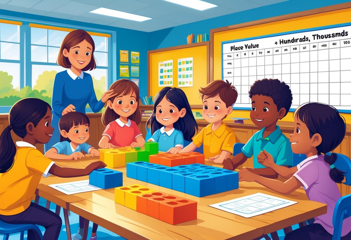 Place Value KS2 Resources: The Ultimate Guide for Teachers Place Value,KS2 LearningMole Children and a teacher in a bright classroom using colourful place value blocks and a chart to learn about numbers.