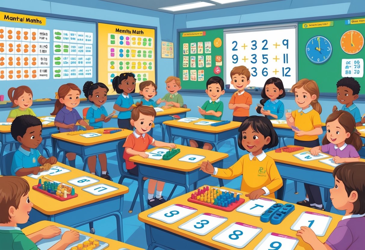 Mental Maths Activities Primary School: Engaging Skills and Games Mental Maths LearningMole A classroom with young children engaged in mental maths activities, using number cards and whiteboards, guided by a teacher.