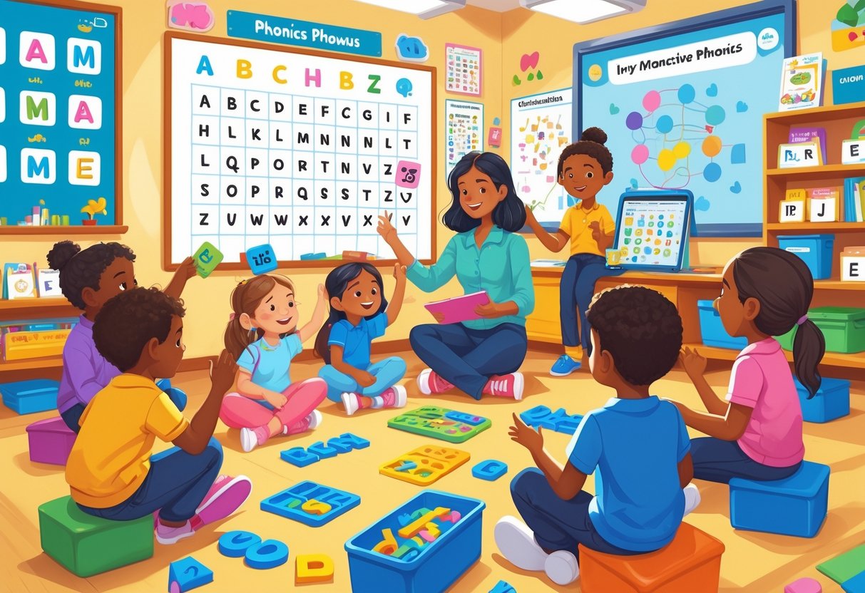 Phonics Resources KS1: The Complete Guide to Effective English Learning Phonics Resources,KS1,Letters LearningMole A classroom scene showing young children and a teacher engaging with phonics learning materials like flashcards, alphabet charts, and letter blocks.