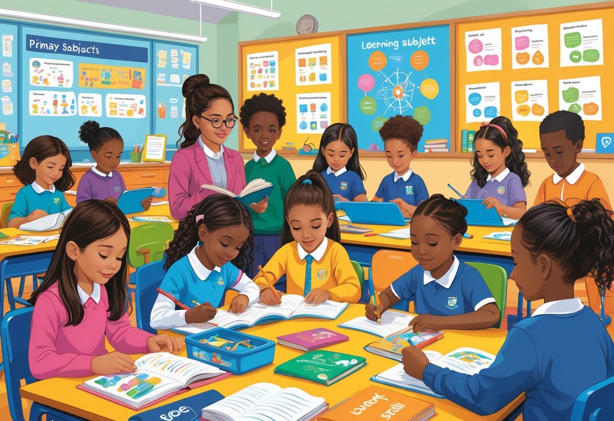 Free Teaching Resources for Primary Schools UK: The Ultimate Guide LearningMole A group of primary school children and a teacher in a classroom engaged in learning activities with books, tablets, and educational materials.