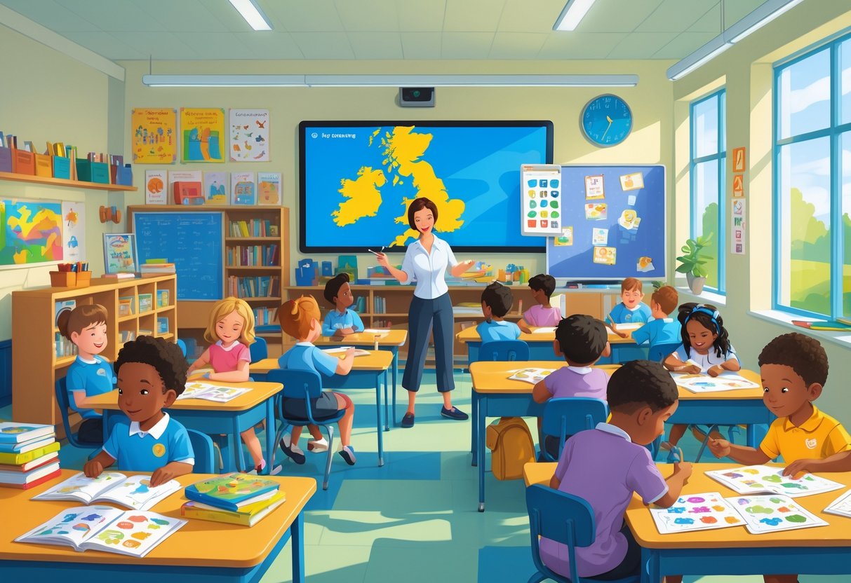 Free Teaching Resources for Primary Schools UK: The Ultimate Guide LearningMole A primary school classroom in the UK with children and a teacher using various educational materials and resources.