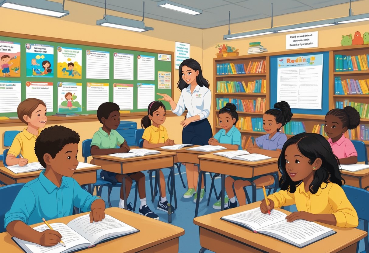 KS2 Reading Comprehension Resources: The Ultimate Guide for Teachers & Parents LearningMole Children and a teacher in a classroom working together on reading comprehension worksheets.