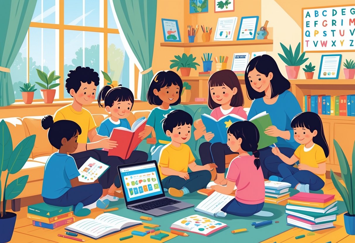 Free Teaching Resources for Primary Schools UK: The Ultimate Guide LearningMole A family with children learning together at home using books and a laptop in a bright living room.