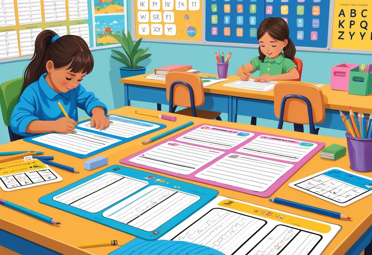 Spelling Resources KS1 and KS2: Complete Guide for Teachers & Parents Spelling Resources,KS1,KS2 LearningMole Children working independently on handwriting and spelling exercises at a classroom desk surrounded by educational materials and stationery.