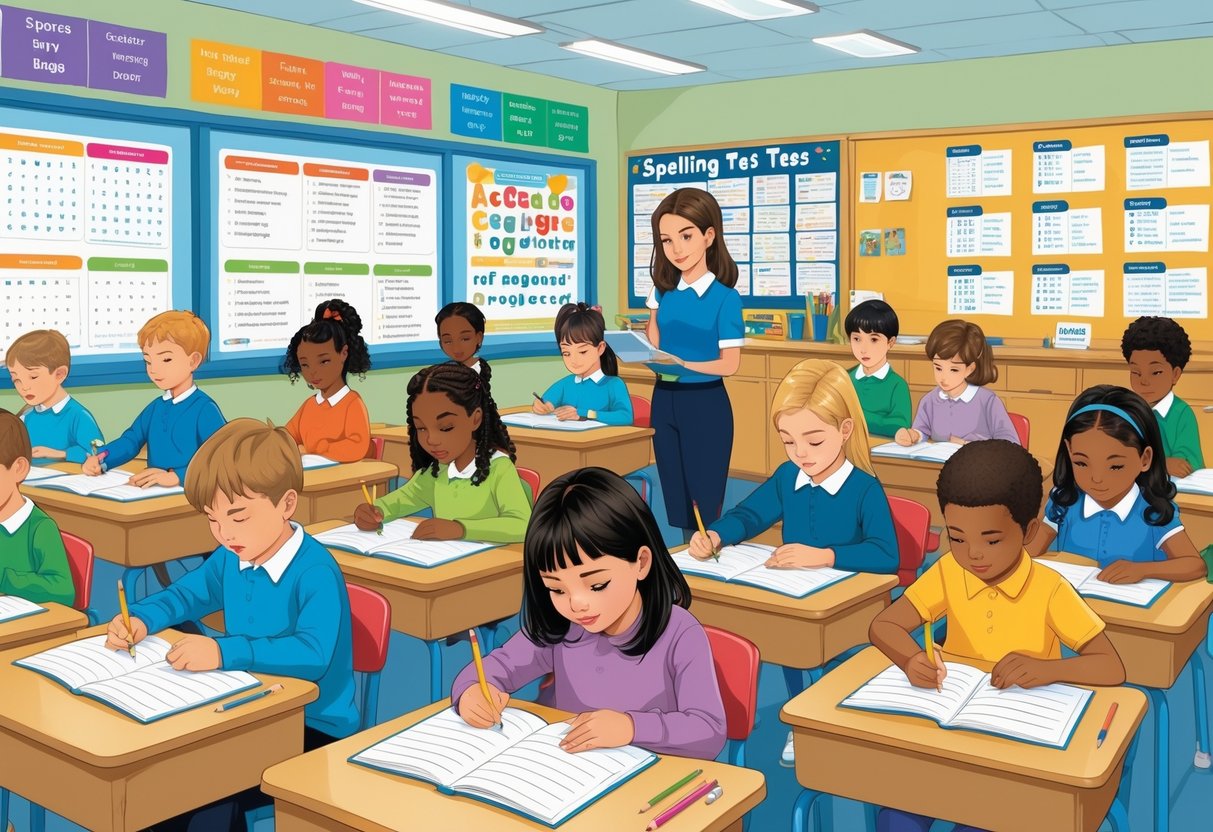 Spelling Resources KS1 and KS2: Complete Guide for Teachers & Parents Spelling Resources,KS1,KS2 LearningMole A classroom with young children doing spelling tests and a teacher helping them, surrounded by spelling learning materials.