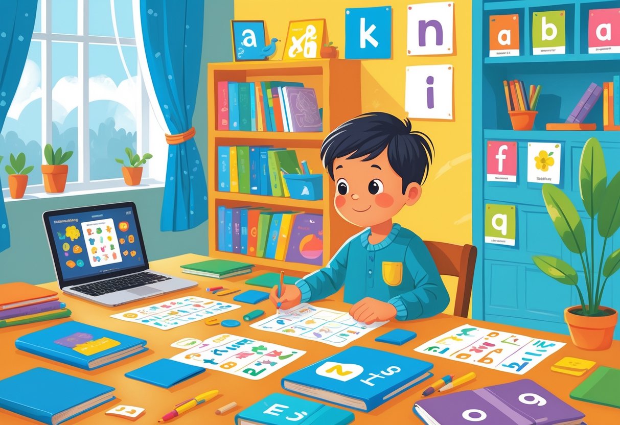 Home Learning Resources KS1: Comprehensive Guide for Effective Support LearningMole A young child learning at a desk with books and a tablet, guided by an adult in a bright, cosy room with educational materials around.
