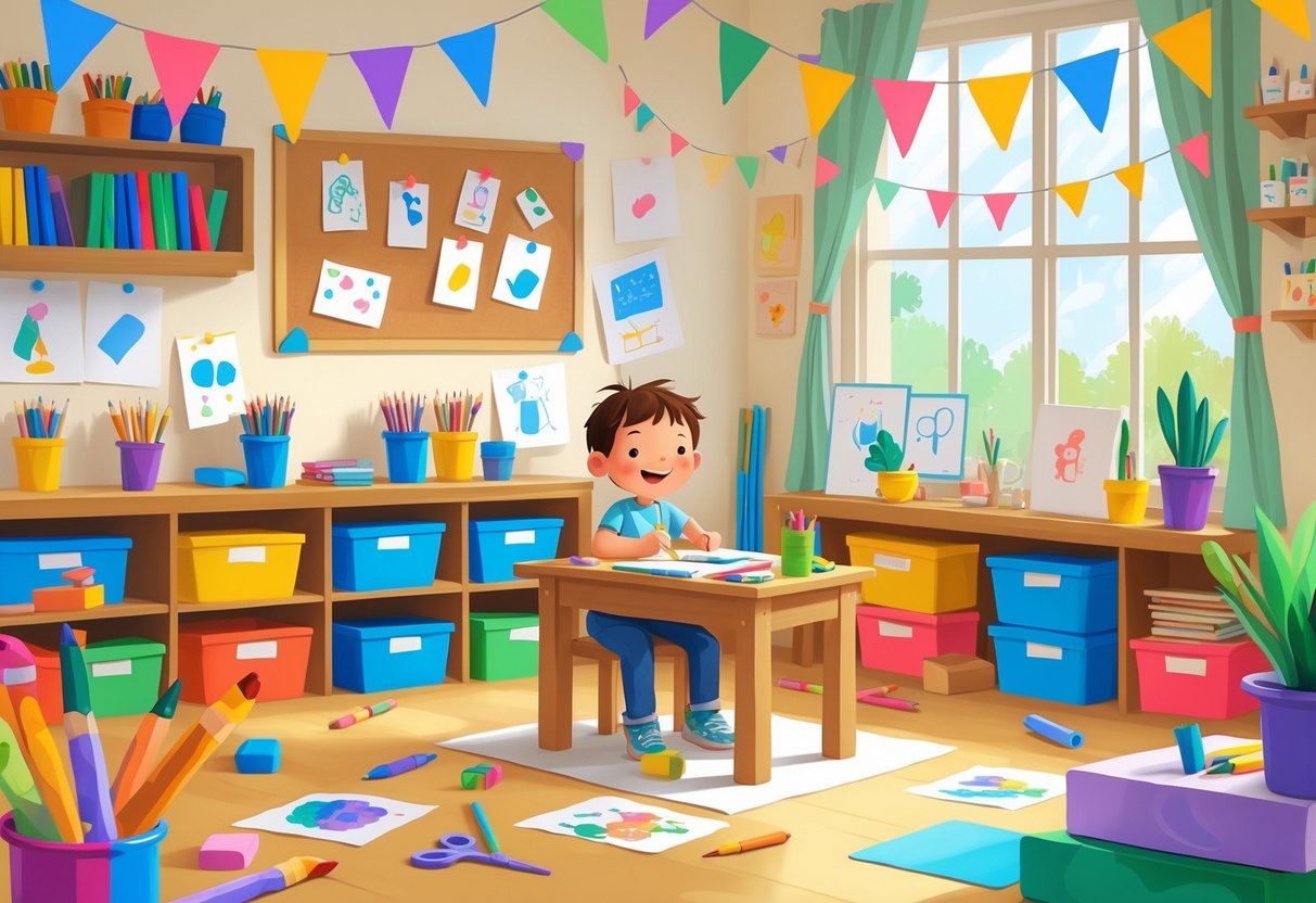 Home Learning Resources KS1: Comprehensive Guide for Effective Support LearningMole A young child at a small table surrounded by colourful art supplies and completed crafts in a bright, organised home learning space.