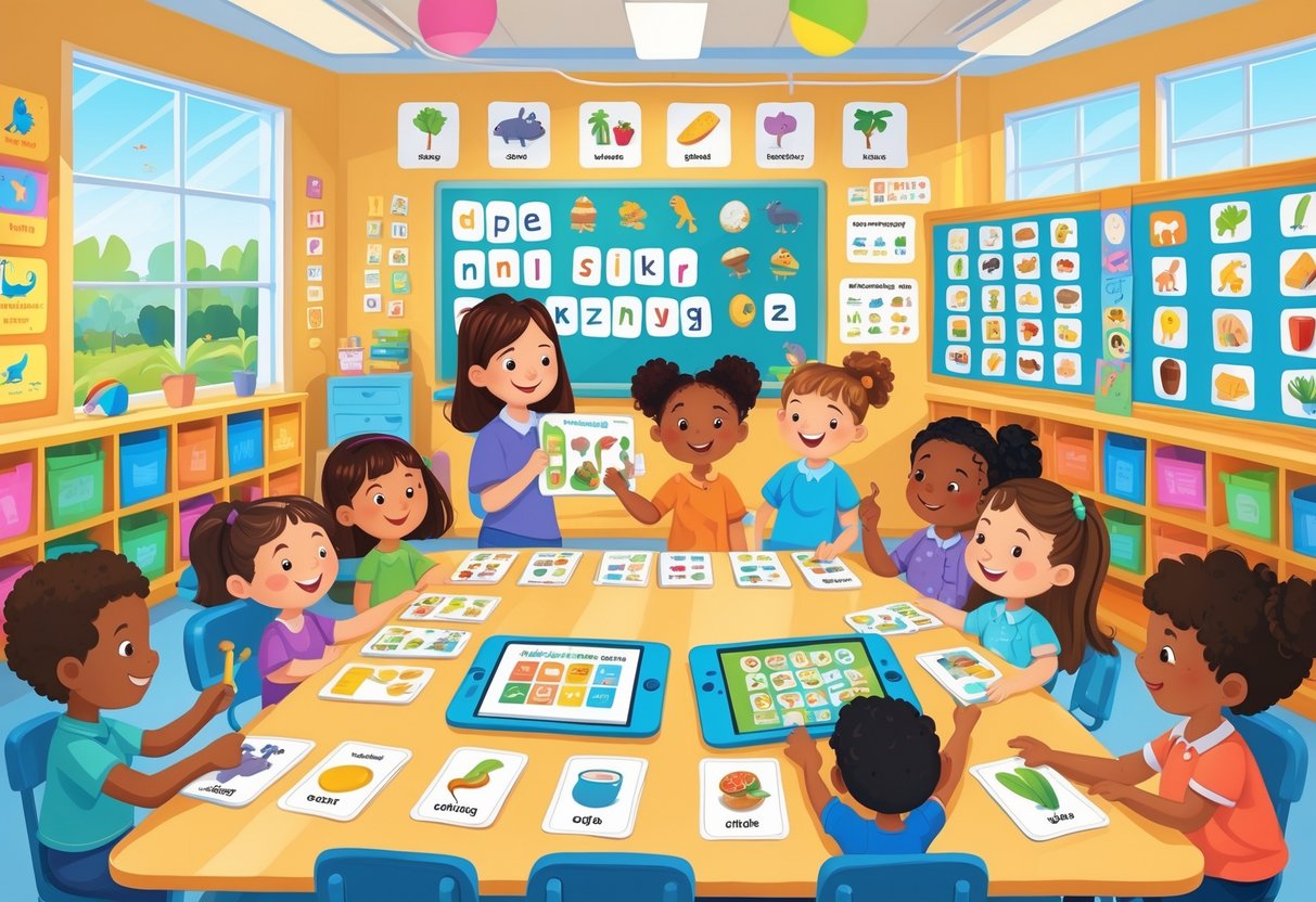 Vocabulary Teaching Resources Primary School: Essential Tools & Ideas LearningMole A classroom scene showing a teacher and young children using flashcards, storybooks, and tablets as vocabulary teaching resources.