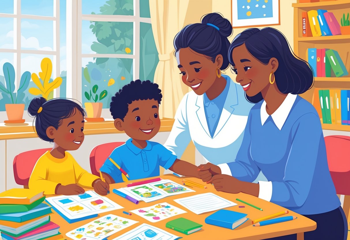 Home Learning Resources KS1: Comprehensive Guide for Effective Support LearningMole A child at a desk with a parent and teacher supporting home learning in a bright, welcoming room.