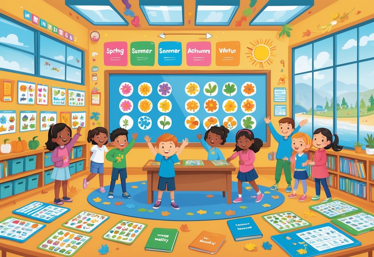 Vocabulary Teaching Resources Primary School: Essential Tools & Ideas LearningMole A colourful classroom with children engaging in vocabulary learning activities about the four seasons, surrounded by seasonal decorations and educational materials.