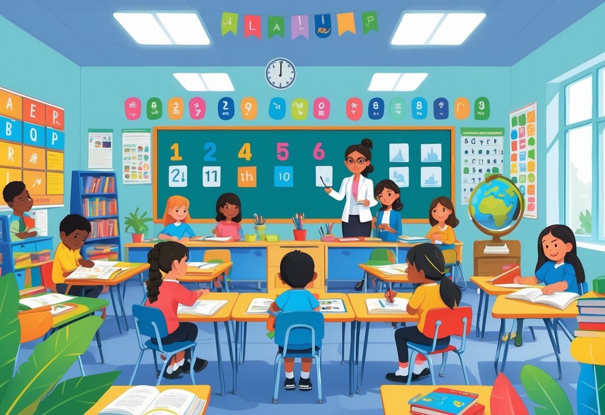 Curriculum Aligned Resources for UK Primary Schools: The Essential Guide LearningMole A classroom with young students and a teacher engaged in learning core subjects using educational materials and charts.