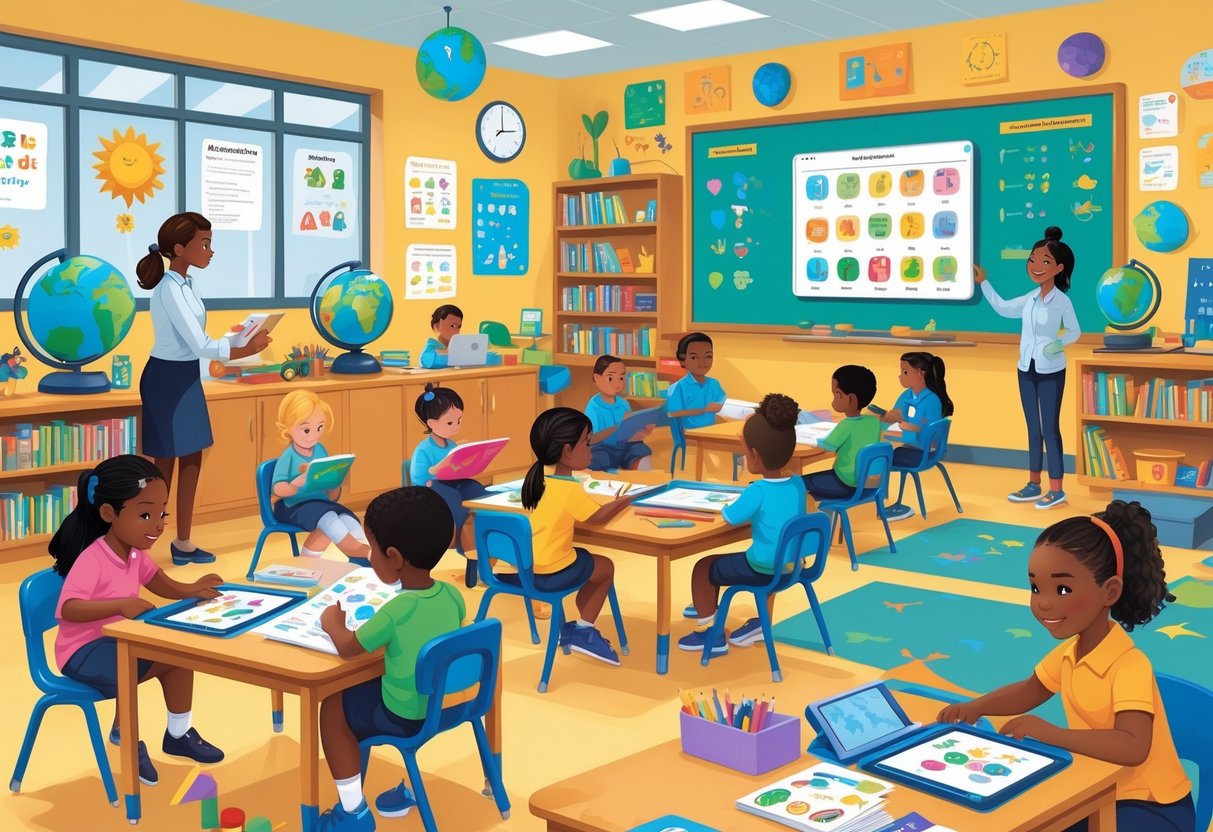 Curriculum Aligned Resources for UK Primary Schools: The Essential Guide LearningMole A classroom with young primary school children and a teacher engaging in learning activities using various educational resources.