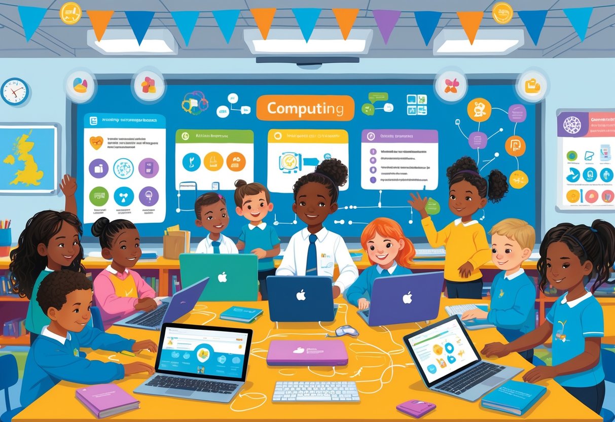 Curriculum Aligned Resources for UK Primary Schools: The Essential Guide LearningMole A group of primary school children using tablets and laptops in a classroom while a teacher guides them in learning digital and computing skills.