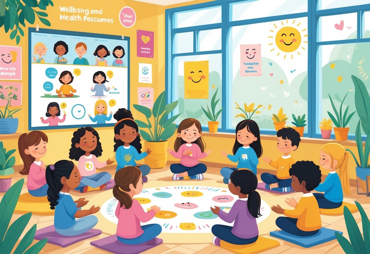 Curriculum Aligned Resources for UK Primary Schools: The Essential Guide LearningMole A group of young children and a teacher in a bright classroom practising mindfulness and reading books about emotions, surrounded by plants and cheerful decorations.