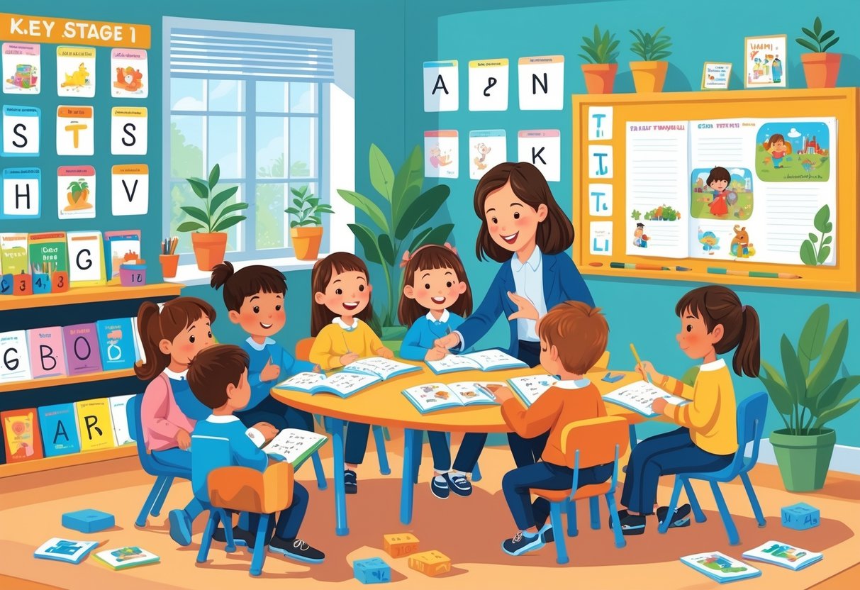 KS1 Teaching Resources Free: Essential Tools for Ages 5-7 LearningMole Young children in a colourful classroom engaged in reading and writing activities with a teacher guiding them.