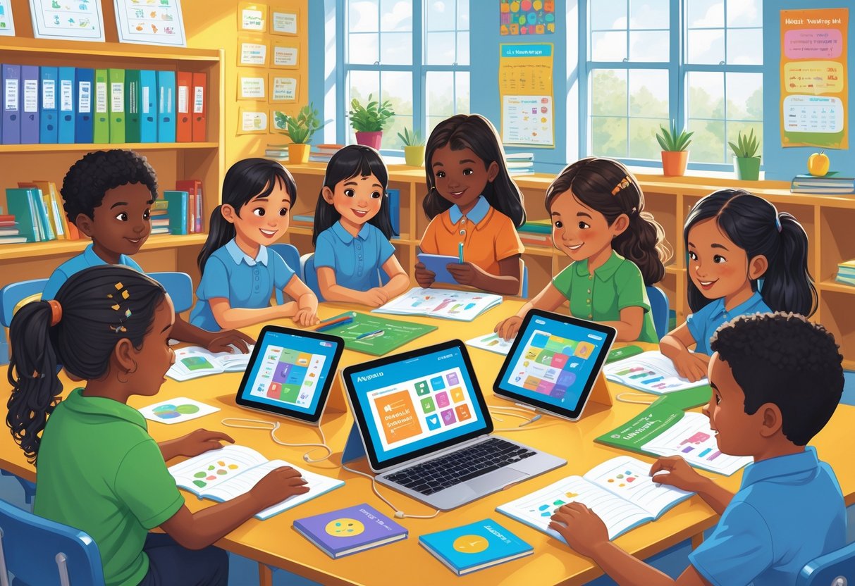 Curriculum Aligned Resources for UK Primary Schools: The Essential Guide LearningMole A group of UK primary school children and teachers using digital devices and educational materials together in a bright classroom.