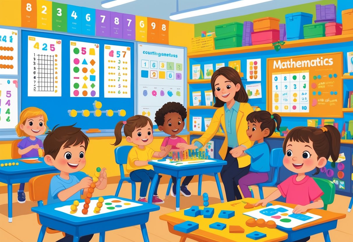 KS1 Teaching Resources Free: Essential Tools for Ages 5-7 LearningMole Young children in a colourful classroom using maths learning tools with a teacher assisting them.