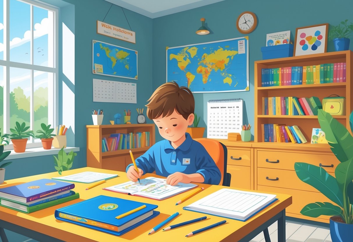 Home Learning Resources KS2: Essential Tools & Tips for Parents LearningMole A child studying at a desk in a bright home learning area with books, tablet, and educational materials arranged neatly.