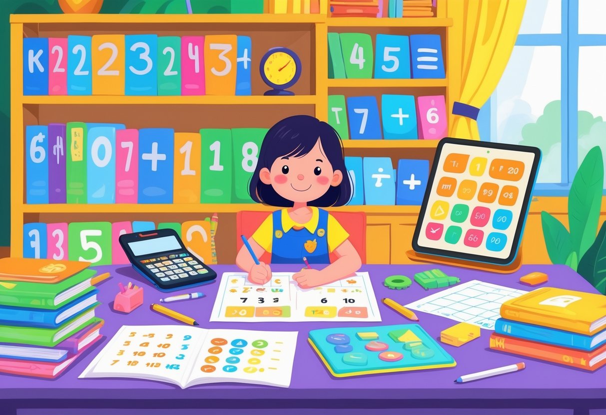 Home Learning Resources KS2: Essential Tools & Tips for Parents LearningMole A child studying maths at a desk with books, worksheets, and a tablet in a bright home learning space.