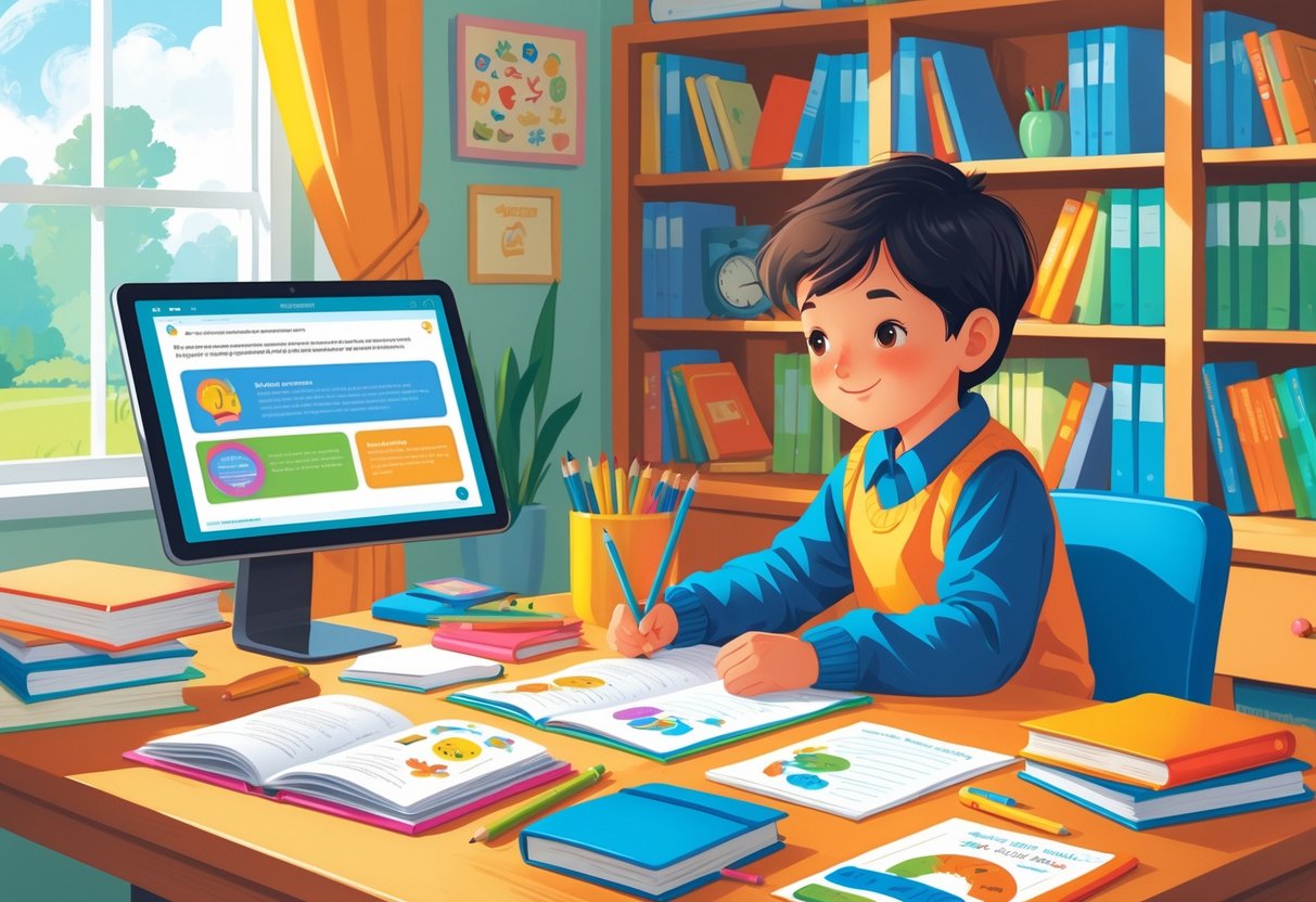 Home Learning Resources KS2: Essential Tools & Tips for Parents LearningMole A child studying English at a desk with books, worksheets, and a tablet in a bright, organised room.